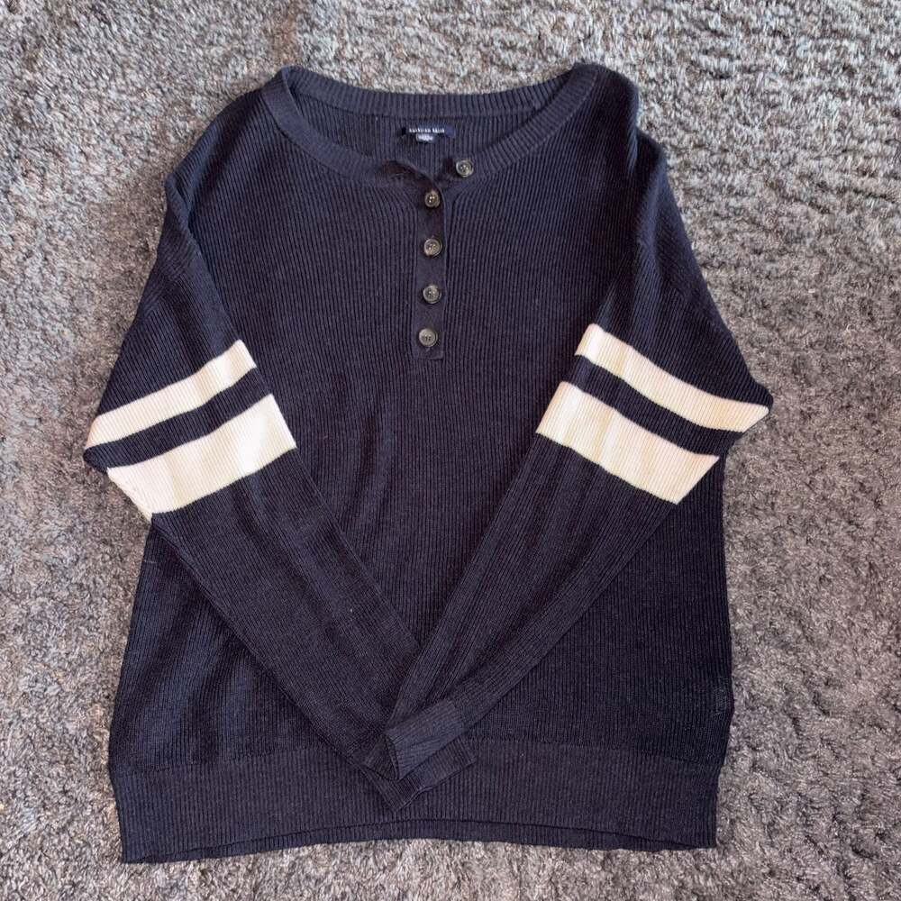 American Eagle Navy Varsity Stripe Henley Pullover Sweater